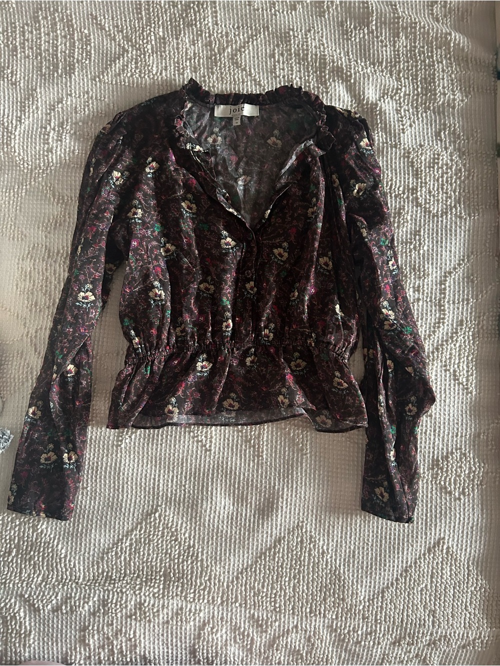 Joie Brown Floral Ruffle-Trim Long Sleeve Blouse
